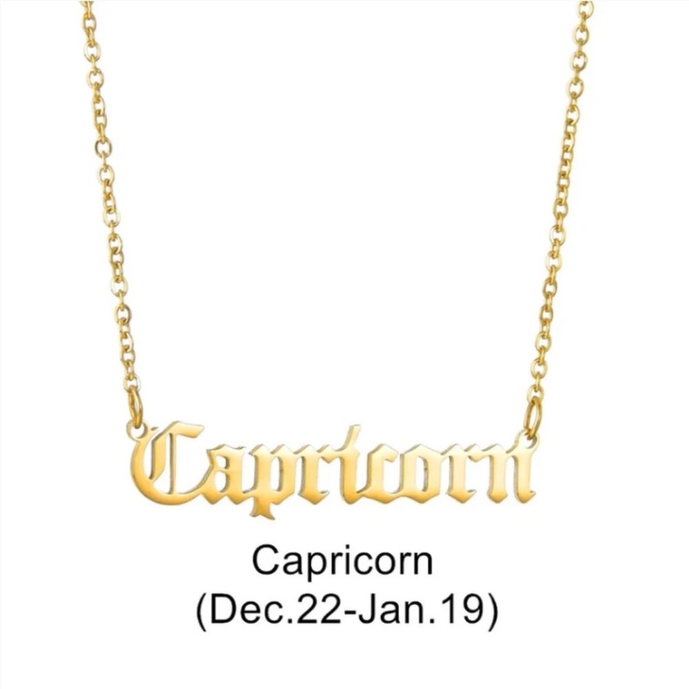 Capricorn Zodiac in Old English Font Astrology Star Sign Pendant Necklace - Gold